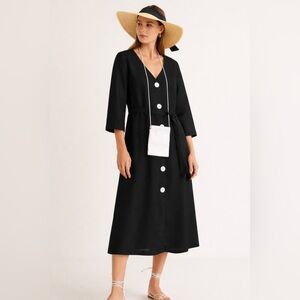 Mango Black Linen Blend Belted Button Dress L Resort Vacation